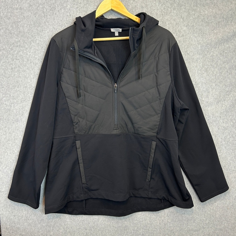 T by Talbots Hoodie Black Quilted Mixed Media Half Zip Active Pullover Womens XL